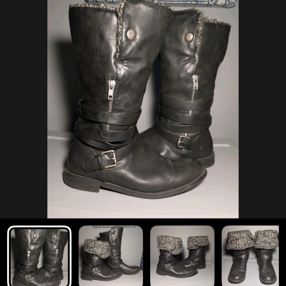Women's Black Faux Leather Buckle Boots with Knit Cuff